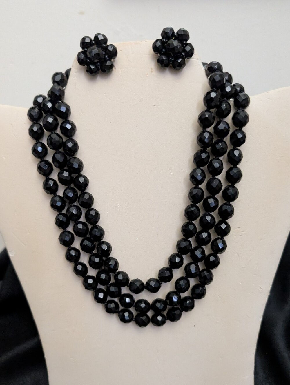 81.. Vintage Les Bernard Jet Black 3 Strand Necklace & Vintage Earrings